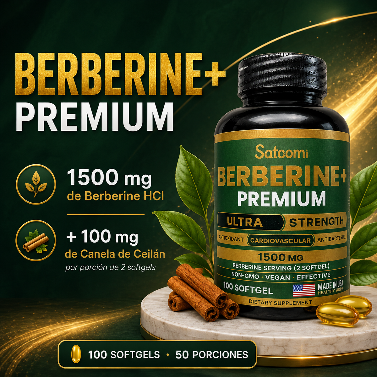Berberine+ Premium 1500 mg + Canela de Ceilán | 100 Softgels