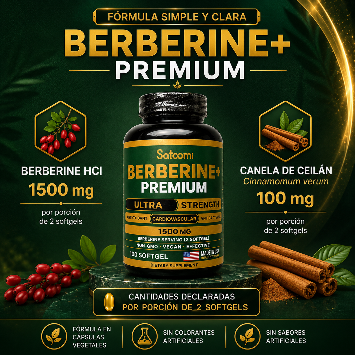Berberine+ Premium 1500 mg + Canela de Ceilán | 100 Softgels